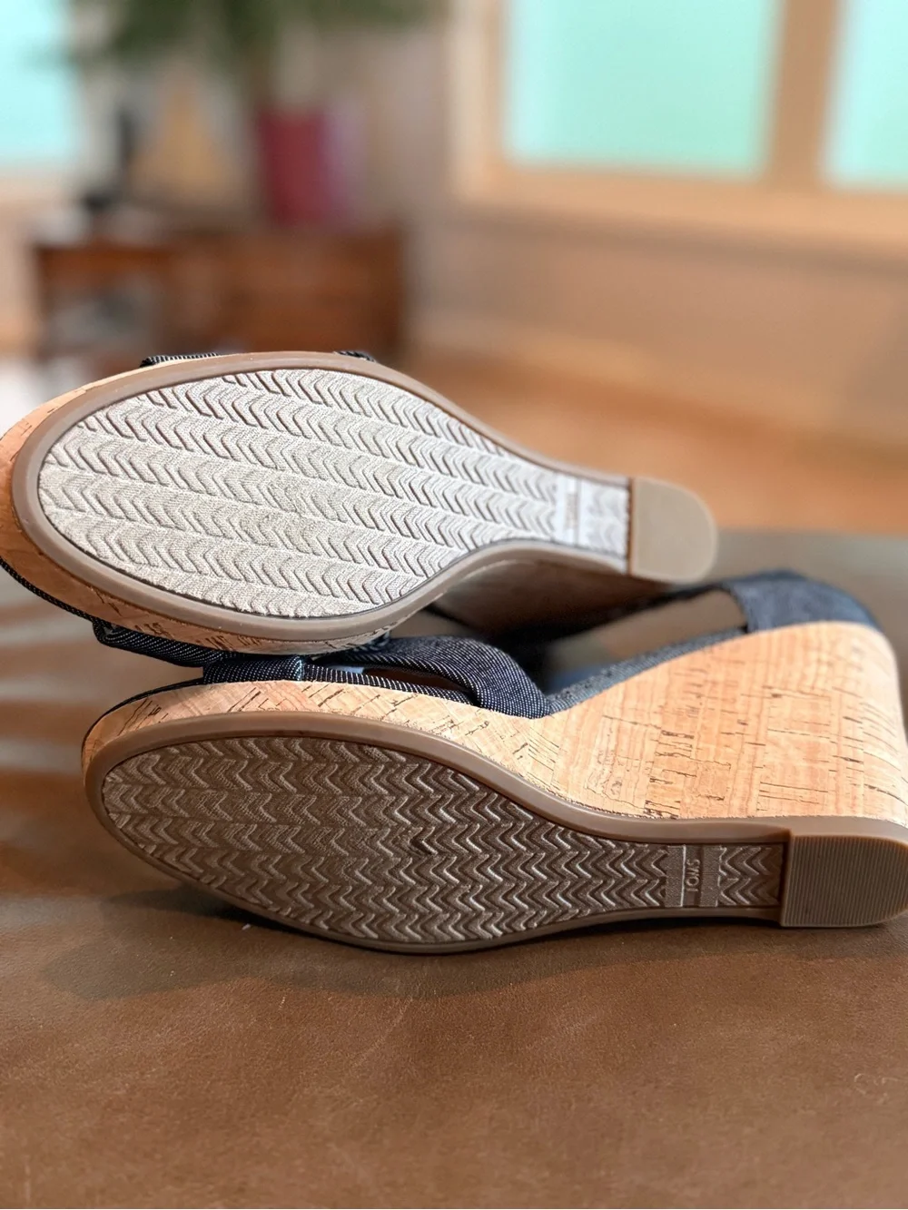 Toms Black Cork Wedge Sandals with Ankle Strap